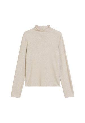 Beige langwerpige turtleneck top van zachte stof. Heeft een aansluitend ontwerp en een licht verhoogde kraag. Eenvoudige en lichte textuur.
