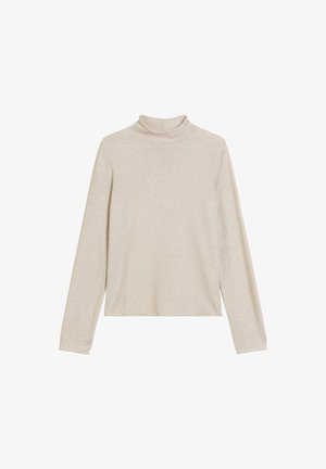 Haut en turtleneck beige à manches longues en tissu doux. Présente un design ajusté et un col légèrement montant. Texture simple et légère.