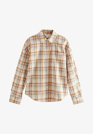 Beige, oranži ja roosa ruuduline pikkade varrukatega särk. Nööpidega esiosa ja rinnaefekt. Valmistatud kergetest materjalidest, millel on vabalt langev stiil.