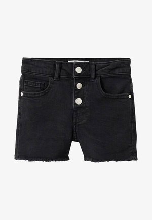 Sorte denimshorts med tre sølvknapper, forlommer, bæltestropper og frynset kant.