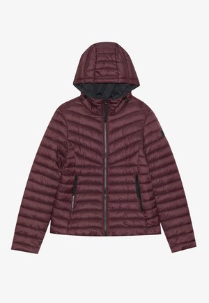 Veste isolée bordeaux avec texture matelassée horizontale, une capuche, fermeture éclair à l'avant et deux poches latérales zippées. Intérieur doublé.