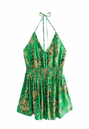 Zöld pánt nélküli ruha mély V-nyakkivágással, gumis derekkal és széles, redőzött szoknyával, amely sárga és krémszínű virágos és absztrakt mintával díszített.