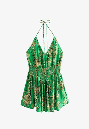 Zaļš halterkleita ar dziļu V veida kakla izgriezumu, elkošu vidukli un izplešanos, savāktu svārku, kas rotāta ar ziedu un abstraktu rakstu dzeltenā un krēmkrāsas tonī.