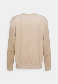 Vaahtokarkkipinkki pitkähihainen collegepaita, jossa on röyhelöhihojen ja helman reunat, näkyy takaa yksinkertaisella valkoisella taustalla.