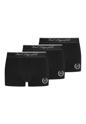 Kolm musta meestele mõeldud bokserit, mille vöökohal on "Karl Lagerfeld" logo ja jalal valge pärgemotiiv.