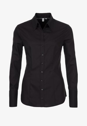 Schwarzes Langarmshirt aus glattem Stoff, mit spitzem Kragen, vorderem Knopfverschluss und tailliertem Design mit dezenten Steppnähten.