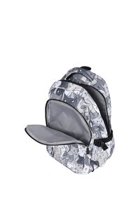 Zaino con design a stampa di gatti in grigio e bianco. Presenta un compartimento principale con zip, interno grigio chiaro e spallacci regolabili.