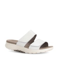 Witte leren slide sandalen met twee verstelbare bandjes. Lichtgrijze gevoerde binnenzool en een gestructureerde witte rubberen zool met groeven.
