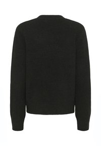 Black sweater with a crew neck, long sleeves, and a smooth texture. The back has a simple design and no visible patterns or accents.
