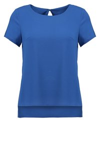 Krátký rukáv modrý top s kulatým výstřihem a detailem na zádech ve tvaru klíčové dírky. Vyroben z hladkého materiálu s vrstveným designem lemování.