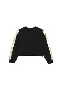 Felpa nera cropped con dettagli in oro metallico sulle maniche. Presenta polsini e colletto a coste, realizzata in un tessuto morbido.