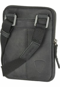 Borsa a tracolla nera in pelle, con tracolla in nylon regolabile, anelli in metallo argentato, chiusura con zip e logo stampato a forma di scudo.