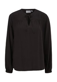 Schwarze Bluse mit langen Ärmeln aus glattem Stoff, Rundhalsausschnitt, Bindedetails, gerafftem Vorderteil und elastischen Manschetten.