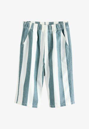 Shorts rayés bleu clair et blanc avec une taille élastique, poches latérales et coupe ample. Fabriqués en coton doux.