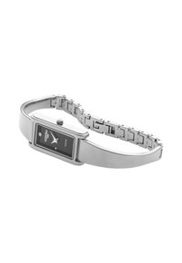 Reloj de metal plateado con una esfera negra rectangular, acento de diamante y una correa de pulsera con eslabones. Acabado brillante con detalles en contraste.