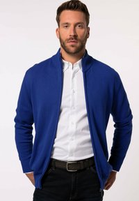 Blauer gestrickter Reißverschluss-Cardigan mit ribbeltem Kragen und Bündchen, getragen über einem weißen Hemd mit Kragen, kombiniert mit dunklen Jeans.