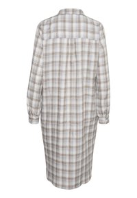 Robe à manches longues en tartan dans des tons de bleu clair et de marron, avec un col, un empiècement au dos et des manches froncées avec des poignets élastiques.