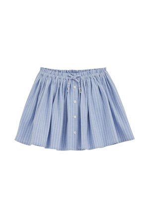 Jupe à rayures verticales bleues et blanches avec taille élastique froncée, cordon de serrage frontal et détails de boutonnage.