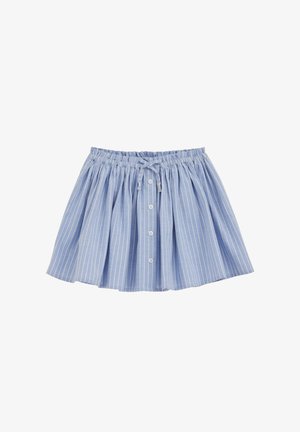 Falda de rayas verticales en azul y blanco con cintura elástica fruncida, cordón delantero y detalle de botones.