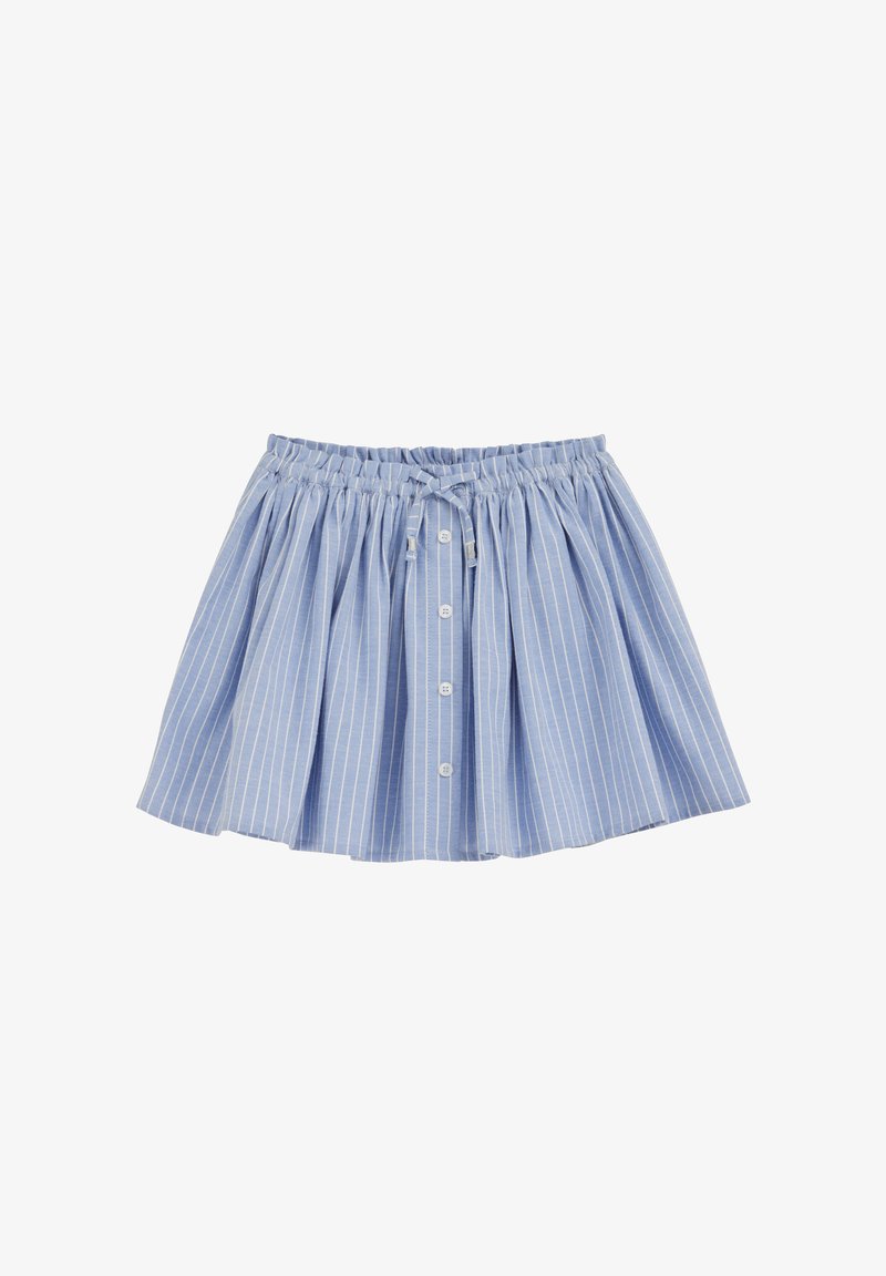 Kék és fehér, függőleges csíkos szoknya ráncolt gumis derékrésszel, elöl húzózsinórral és gombos részlettel.