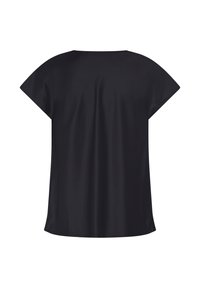 Haut noir à manches courtes, coupe ample, avec un large col rond, présenté de dos sur fond blanc.