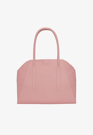 Roze polyester schoudertas met een gestructureerd ontwerp, voorzien van dubbele handvatten, een reliëflogo en een gladde afwerking zonder zichtbare versieringen.