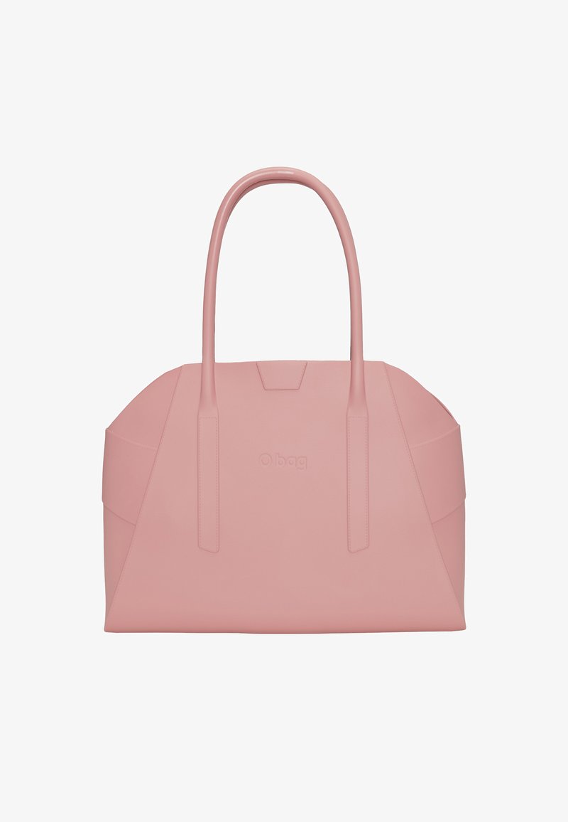 Růžová polyesterová taška s pevným designem, obsahující dvojité uši, embosované logo a hladký povrch bez viditelných ozdob.