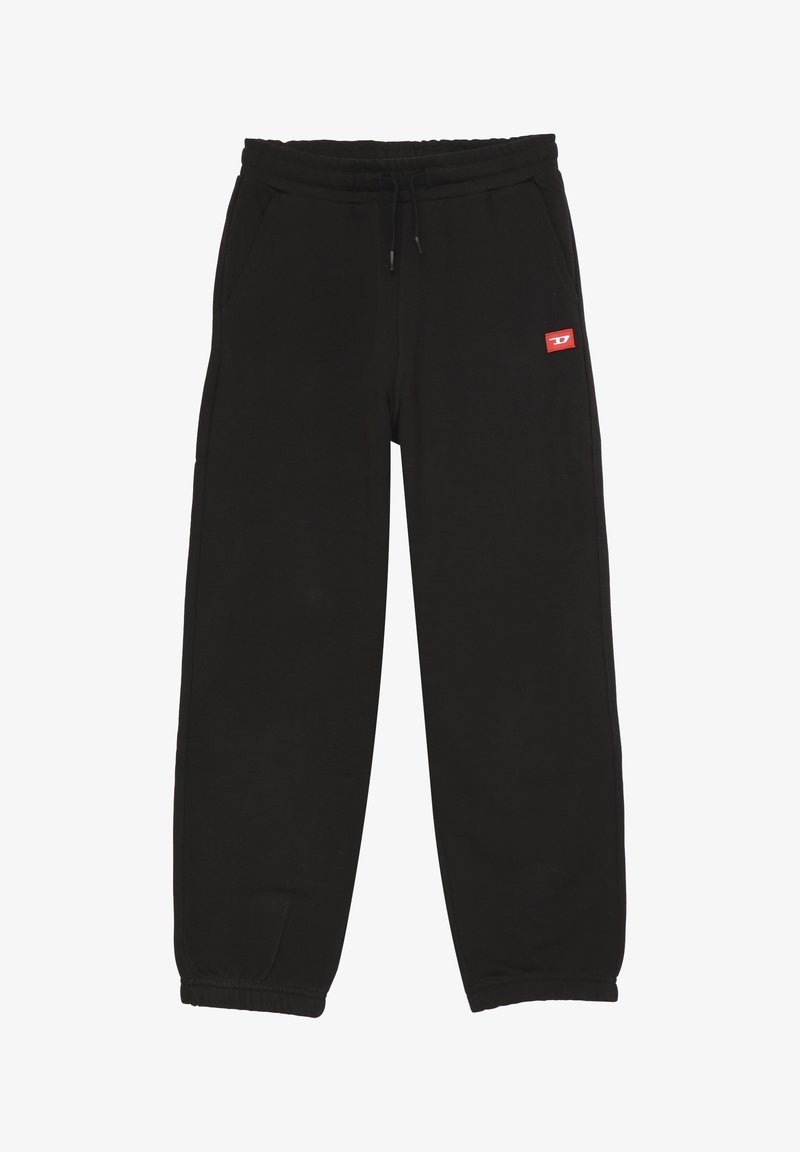 Pantaloni della tuta neri realizzati in tessuto morbido, con vita elasticizzata e cordino, tasche laterali e una piccola etichetta rossa sul lato sinistro.