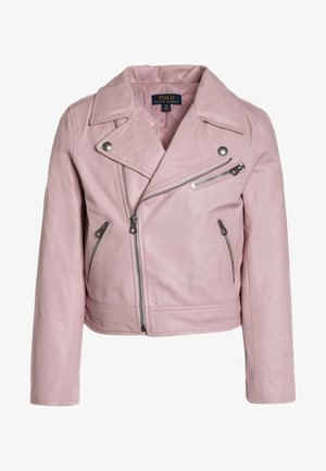 Ljusrosa lädermotorcykeljacka med spetsig krage, asymmetrisk dragkedjestängning och flera fickor med dragkedja.
