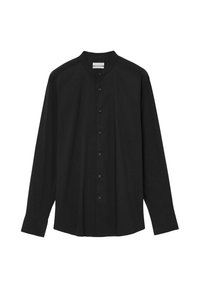 Schwarzes Langarmshirt aus Baumwolle mit hohem Kragen und Knopfverschluss vorne. Glatte Textur, taillierte Passform, ohne Muster.