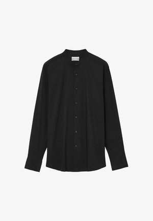 Camicia nera a maniche lunghe in cotone, con colletto alto e chiusura frontale a bottoni. Texture liscia, design su misura, senza fantasie.