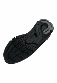 Zwarte sportieve schoenen zool met een gestructureerd rubberen loopvlak, met een gebogen vorm en gedetailleerde tractiepatronen. Verstevigd hielgedeelte.