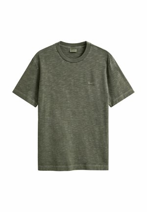 Olivgrünes T-Shirt mit kurzen Ärmeln und Rundhalsausschnitt, versehen mit einem dezenten Strukturmuster und kleinem weißem "GANT"-Logo auf der linken Brust.