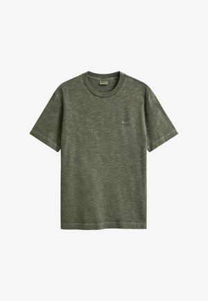 Olivgrünes T-Shirt mit kurzen Ärmeln und Rundhalsausschnitt, versehen mit einem dezenten Strukturmuster und kleinem weißem "GANT"-Logo auf der linken Brust.