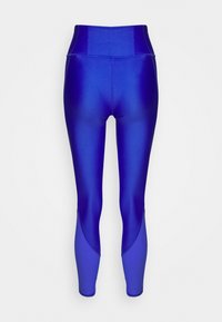Korkeat vyötäröiset leggingit kirkkaansinisinä, jotka ovat sileät ja kiiltävät. Niissä on kaarevia yksityiskohtia hieman tummemmassa sinisessä sävyssä.