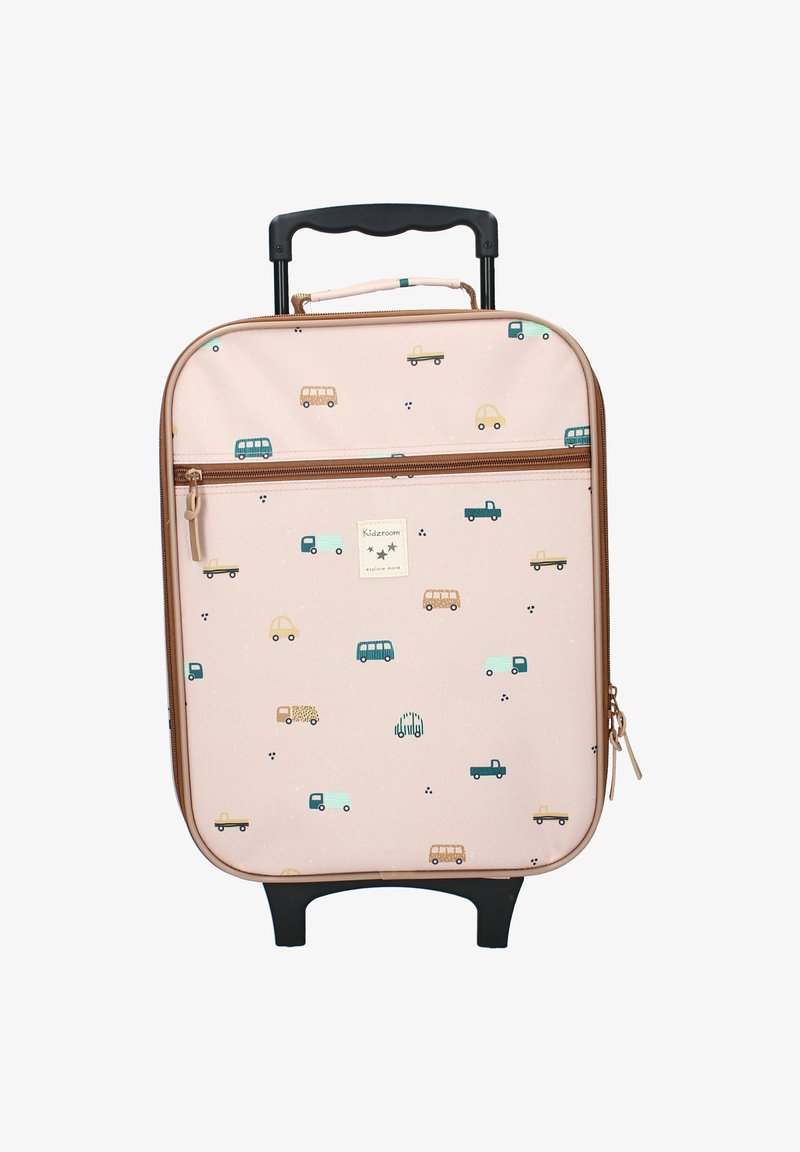 Kinder roze rolkoffer met kleine kleurrijke voertuigprints en een voorvak met rits, verlengbaar zwart handvat en merketiket.