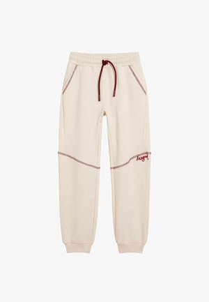 Pantalones de chándal beige hechos de material suave, con una cintura ajustable por cordón, bolsillos laterales y detalles en burdeos en las costuras y el logo.