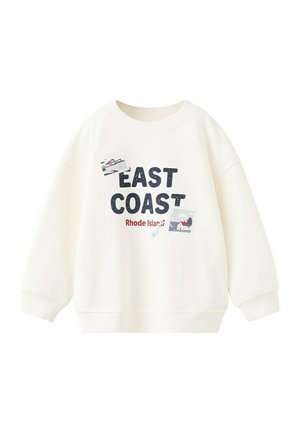 Sweat-shirt couleur crème avec "EAST COAST" en grandes lettres bleu marine, "Rhode Island" en rouge, et petites illustrations de navire et de maison.