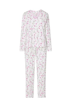 Conjunto de pijama floral en blanco, que presenta una parte superior de cuello en V y mangas largas, con acentos en rosa y un patrón de pequeñas flores rosas y tallos verdes.