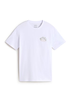Witte katoenen T-shirt met korte mouwen, voorzien van een geborduurd logo in pastelkleuren op de linkerkant van de borst. Eenvoudig, klassiek ontwerp.