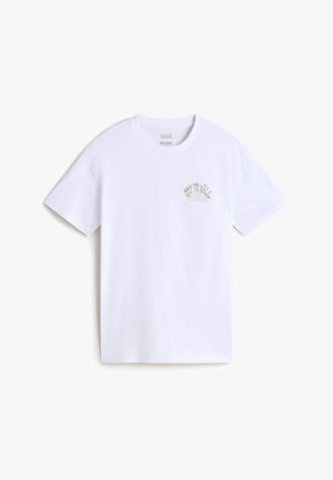 T-shirt bianco in cotone con maniche corte, caratterizzato da un logo ricamato in colori pastello nella zona sinistra del petto. Design semplice e classico.