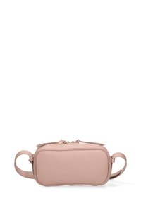 Borsa rettangolare rosa chiaro realizzata in pelle liscia, con due manici laterali e chiusure a cerniera dorate sulla parte superiore, design minimalista.