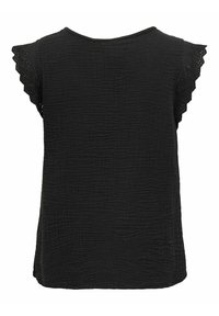 Crna majica kratkih rukava od teksturiranog materijala, s rukavima s valovitim izrezom i detaljima od čipke, opuštenog kroja, s okruglim izrezom.