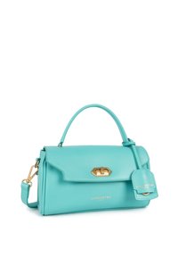 Borsa a mano in pelle turchese con forma strutturata, accessori dorati e etichetta per bagaglio staccabile. Include un manico superiore e una tracolla.