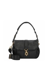 Borsa a mano in pelle nera con una forma strutturata, patta superiore, dettagli in hardware dorato e tracolla removibile. Texture liscia e dettagli minimi.