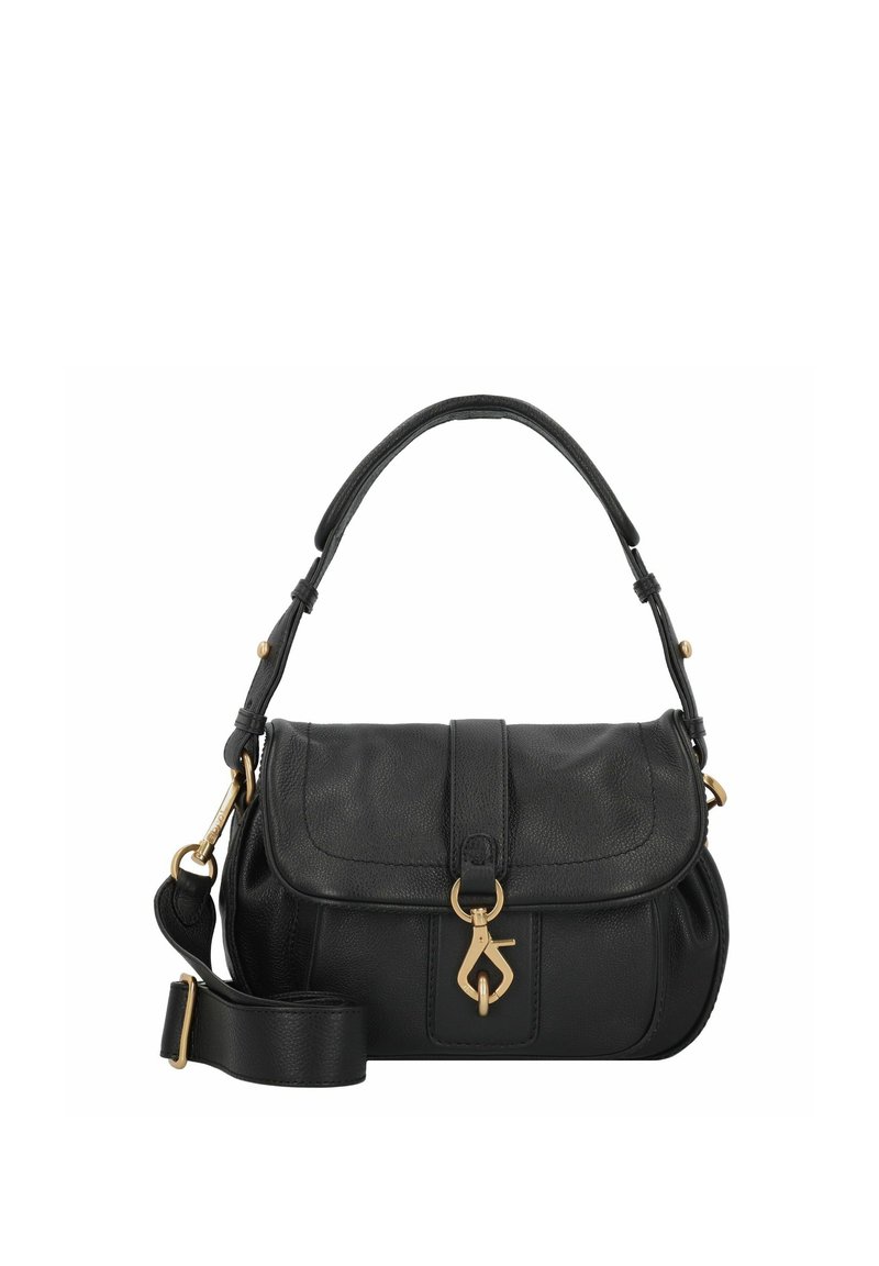 Borsa a mano in pelle nera con una forma strutturata, patta superiore, dettagli in hardware dorato e tracolla removibile. Texture liscia e dettagli minimi.