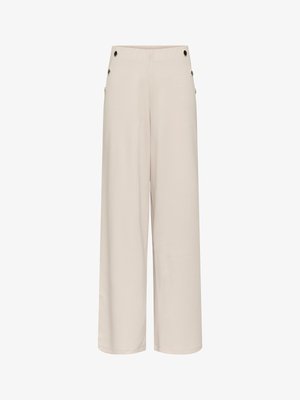Pantalon beige taille haute à jambes larges avec détails de boutons latéraux sur la ceinture, sans poches visibles ni ornements.