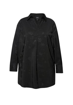 Schwarzes Langarmshirt aus glattem Stoff, mit einem dezenten Blumendruck und einem kragenlosen Ausschnitt, ausgestattet mit Knopfmanschetten.