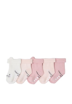 Five pairs of infant socks in soft fabric. Colors include white, light pink, and dark pink with patterns, stripes, and textured cuffs.