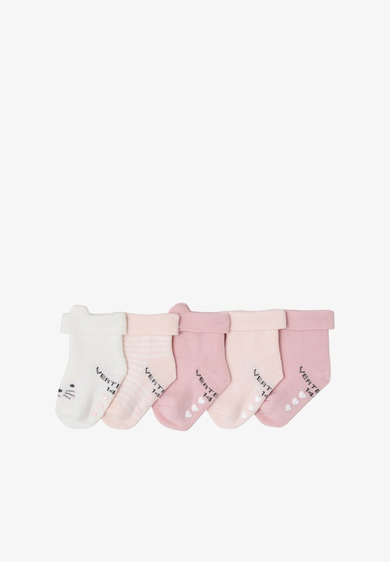 Five pairs of infant socks in soft fabric. Colors include white, light pink, and dark pink with patterns, stripes, and textured cuffs.